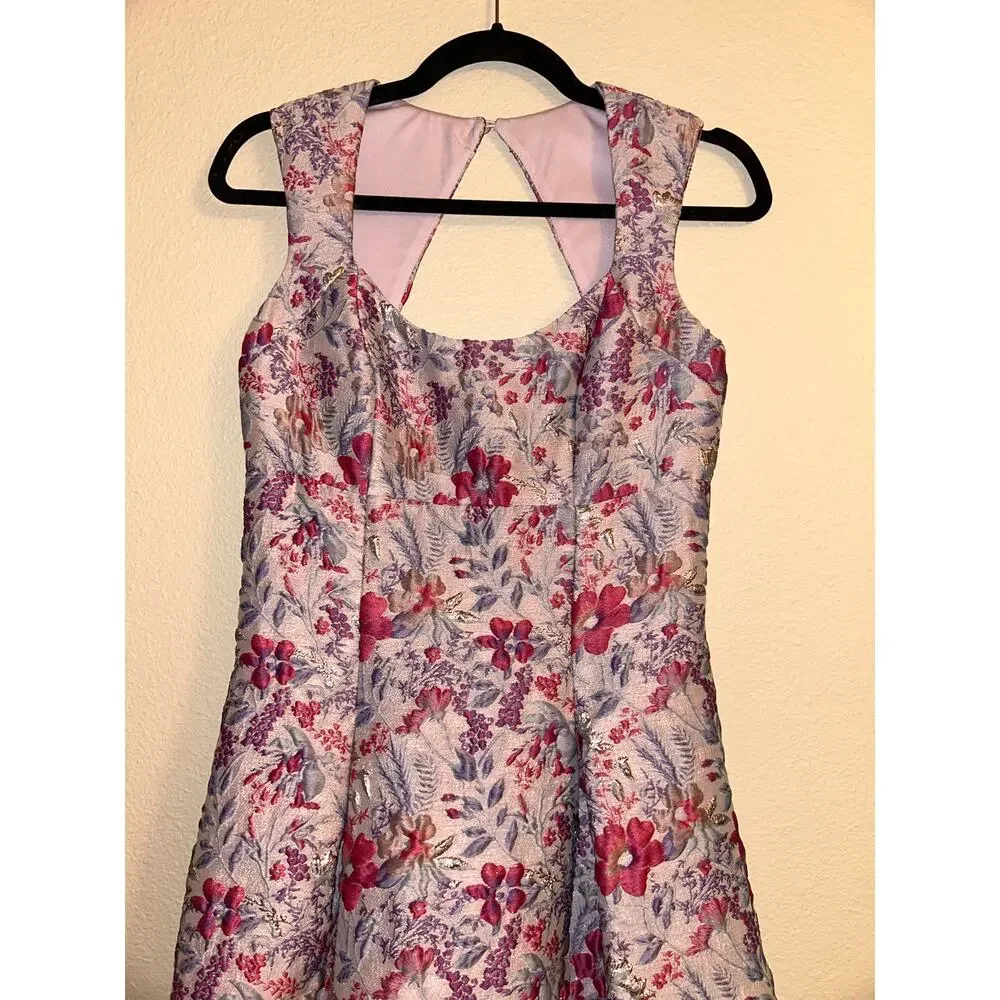 Aidan Mattox Floral Jacquard Dress 2 Pink Lilac Metallic Fit Flare Pockets Prom - Picture 6 of 13